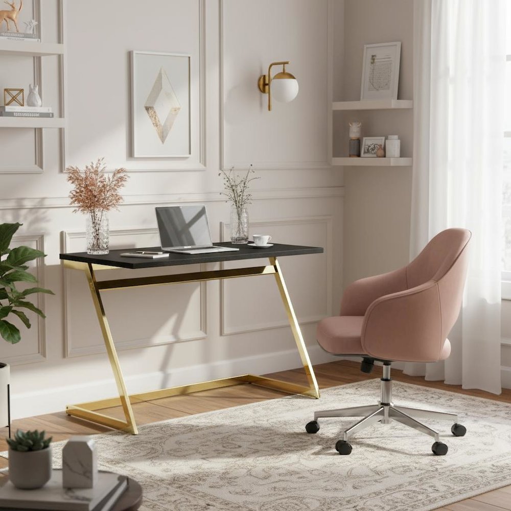 Black Writing Desk – 47.25 Inch Brass Plated Frame Computer Desk with USB
