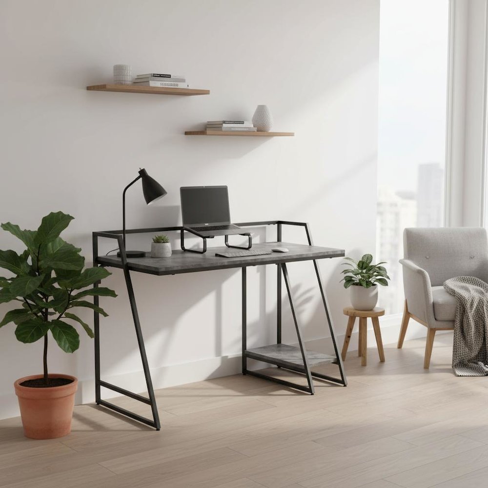 Gray Writing Desk – Metal Computer Desk or Home Office Table with USB