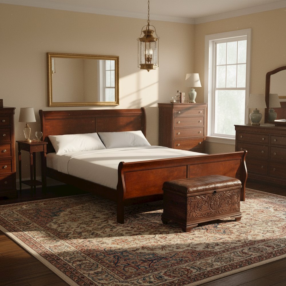 Cherry Brown Wooden King Size Sleigh Bed Frame – Classic King Bed Frame Wood