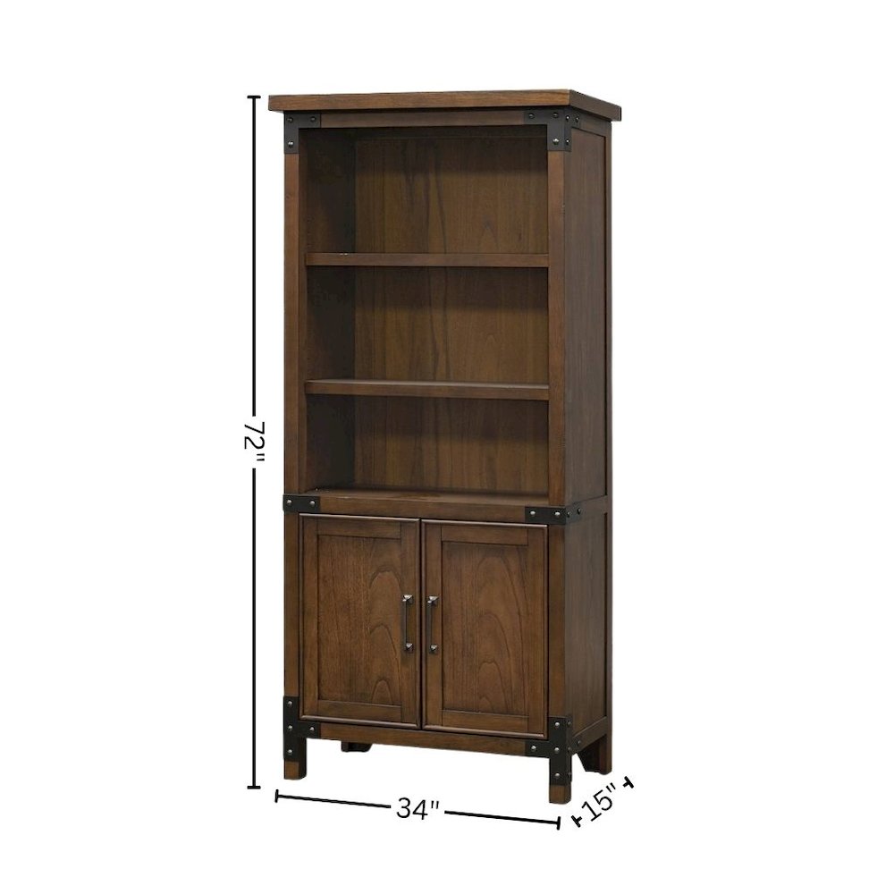 Rustic Bookcase With Doors, 3 Adjustable Shelves, Fixed Shelf, Brown