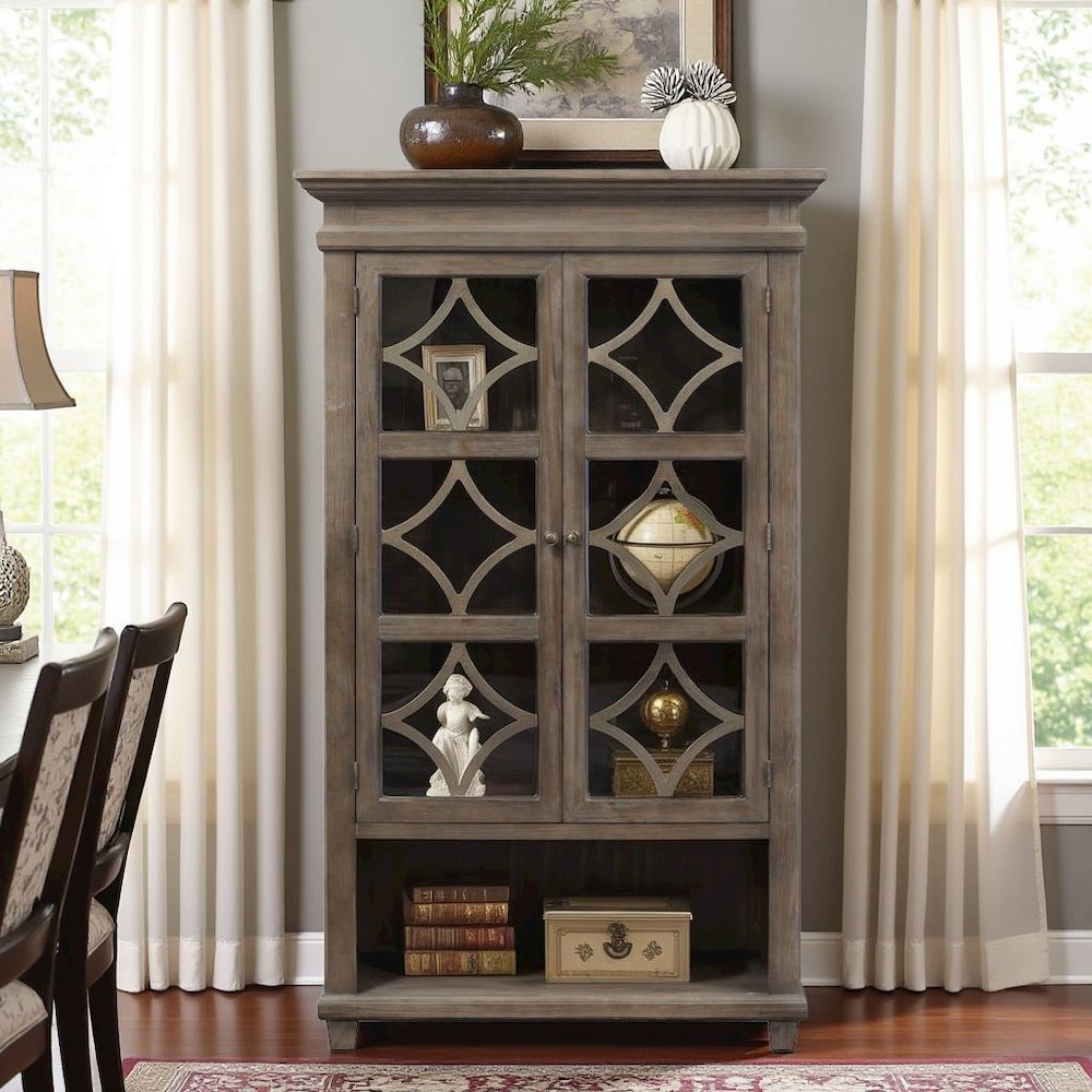 Gray Bookcase with Glass Doors and Storage Cabinet for Display