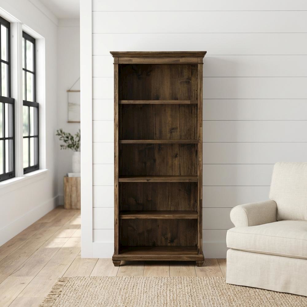 Wood Bookcase With Doors, 3 Adjustable Shelves, Fixed Shelf, Brown