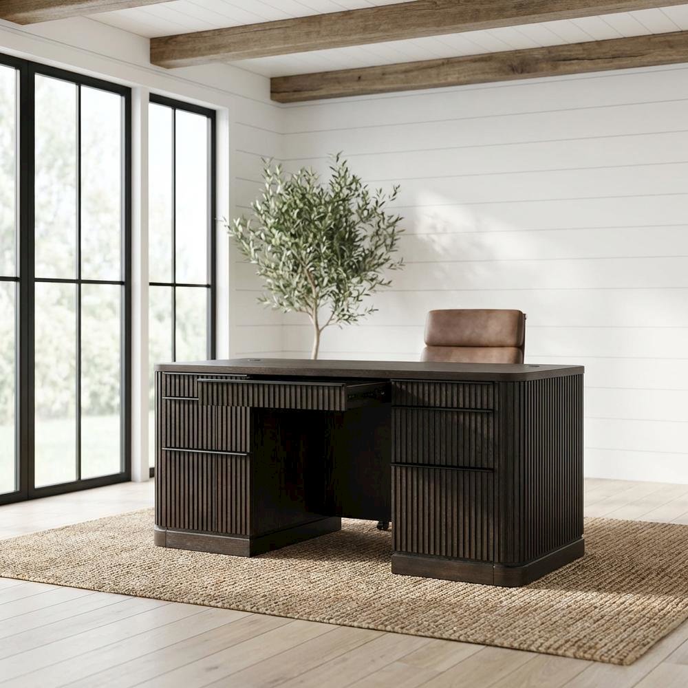 Tulane Double Pedestal Executive Desk, 5 Drawers, Wire Management, Brown