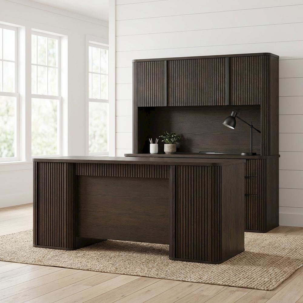 Brown executive hutch with wood doors, fully assembled, spacious storage