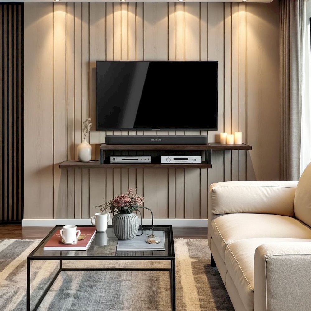 Floating TV Skyline Walnut Stand Wall Mounted Console, 60-Inch Wood Shelf