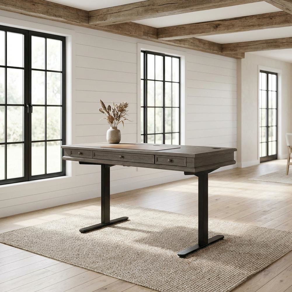 Wood Electronic Standing Desk with Power Center and 3 Drawers, Gray