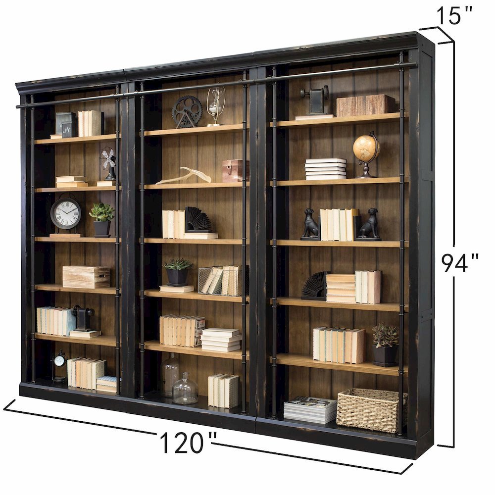 8-Foot Tall 3-Bookcase Wall with Ladder, 12 Adjustable, 3 Fixed Shelves, Black