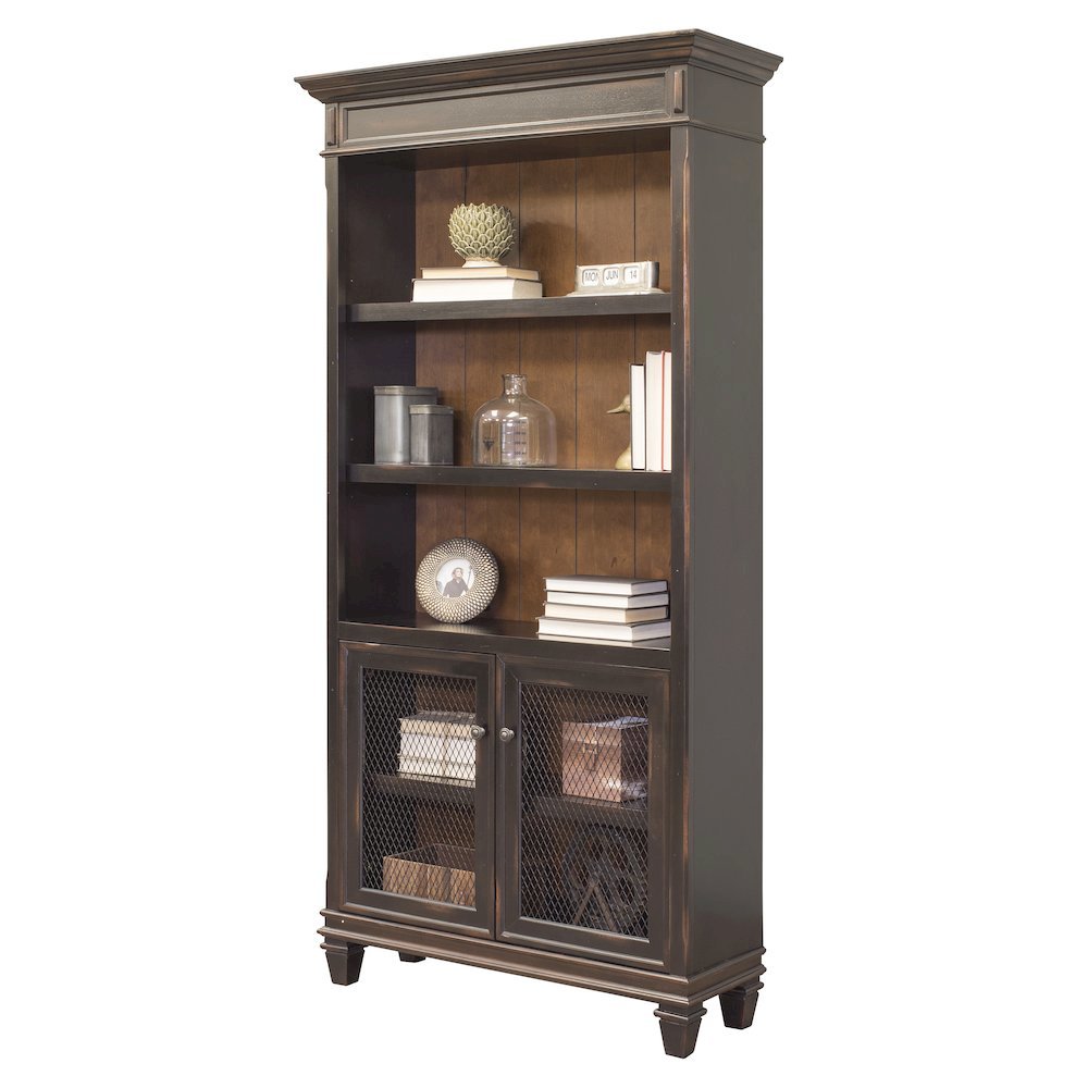 Wood Bookcase With Doors, 3 Adjustable Shelves, Fixed Shelf, Black