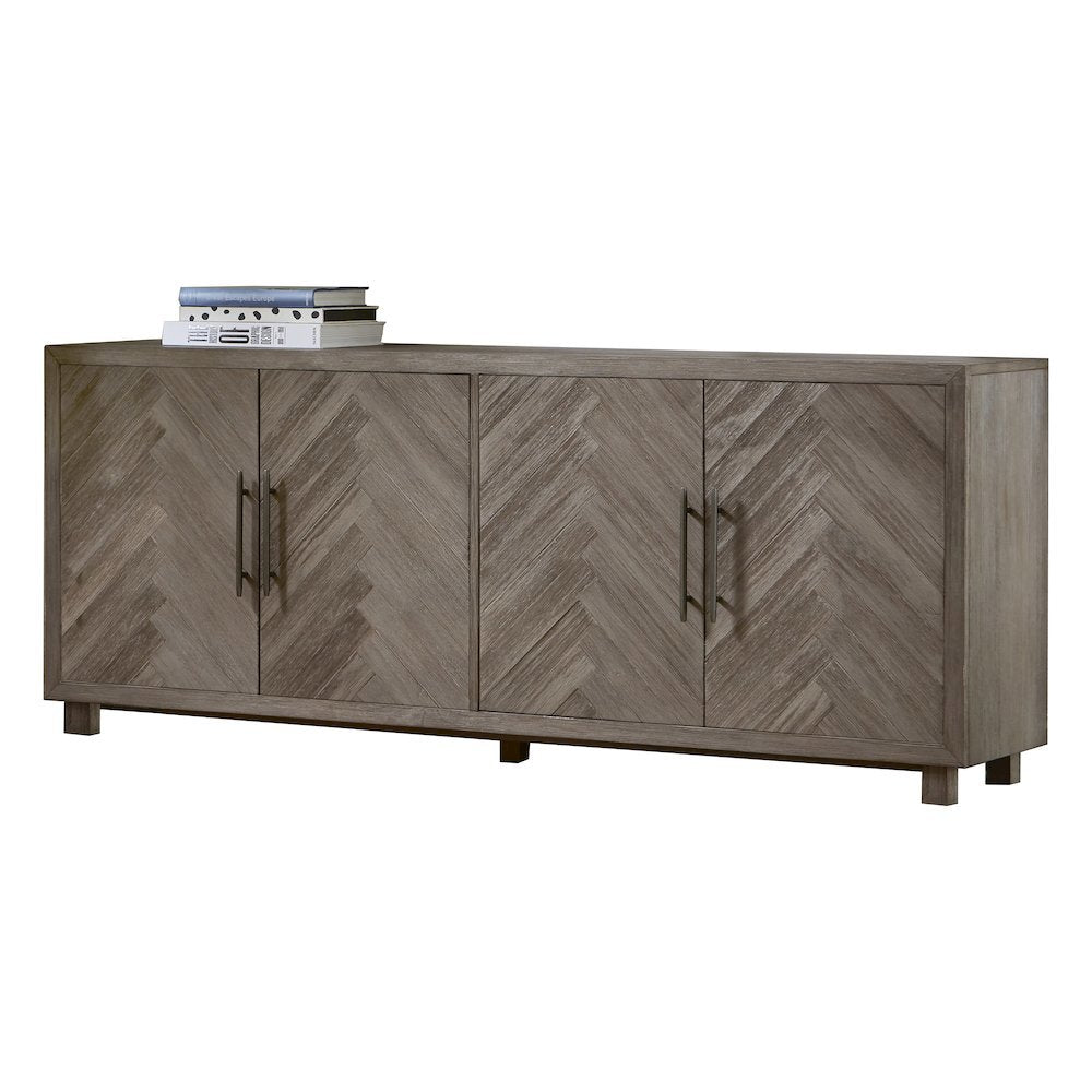 80 Inch Four Door TV Console, Distressed Gray, Herringbone, 2 Shelves