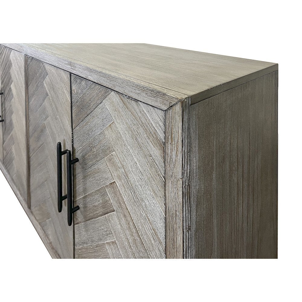 90 Inch Six Door Console, Distressed Gray, Herringbone, 3 Shelves