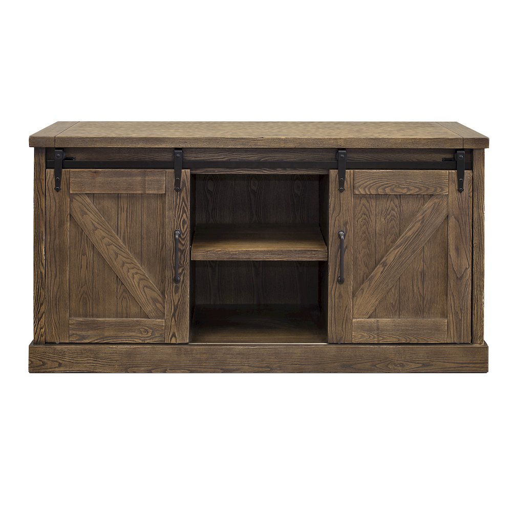 60" TV Console, Barn Door Entertainment Stand, Wood Accent Cabinet, Brown