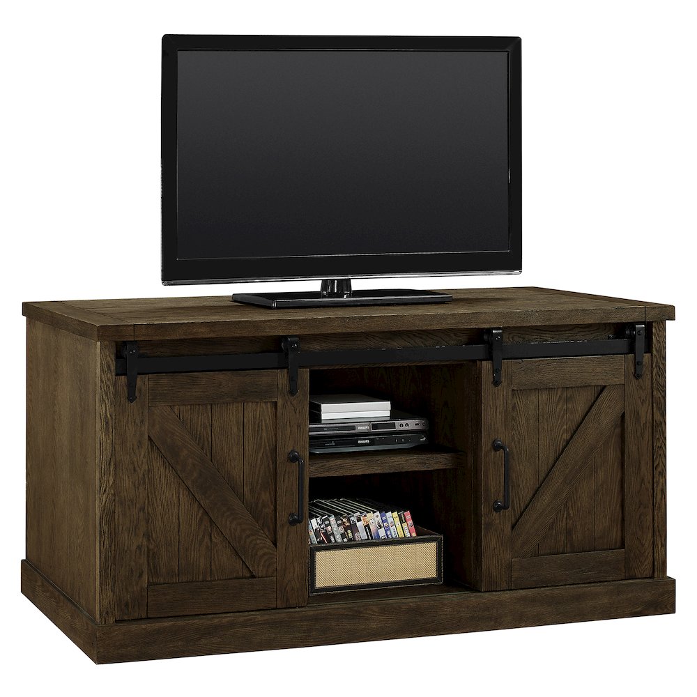 60" TV Console, Barn Door Entertainment Stand, Wood Accent Cabinet, Brown