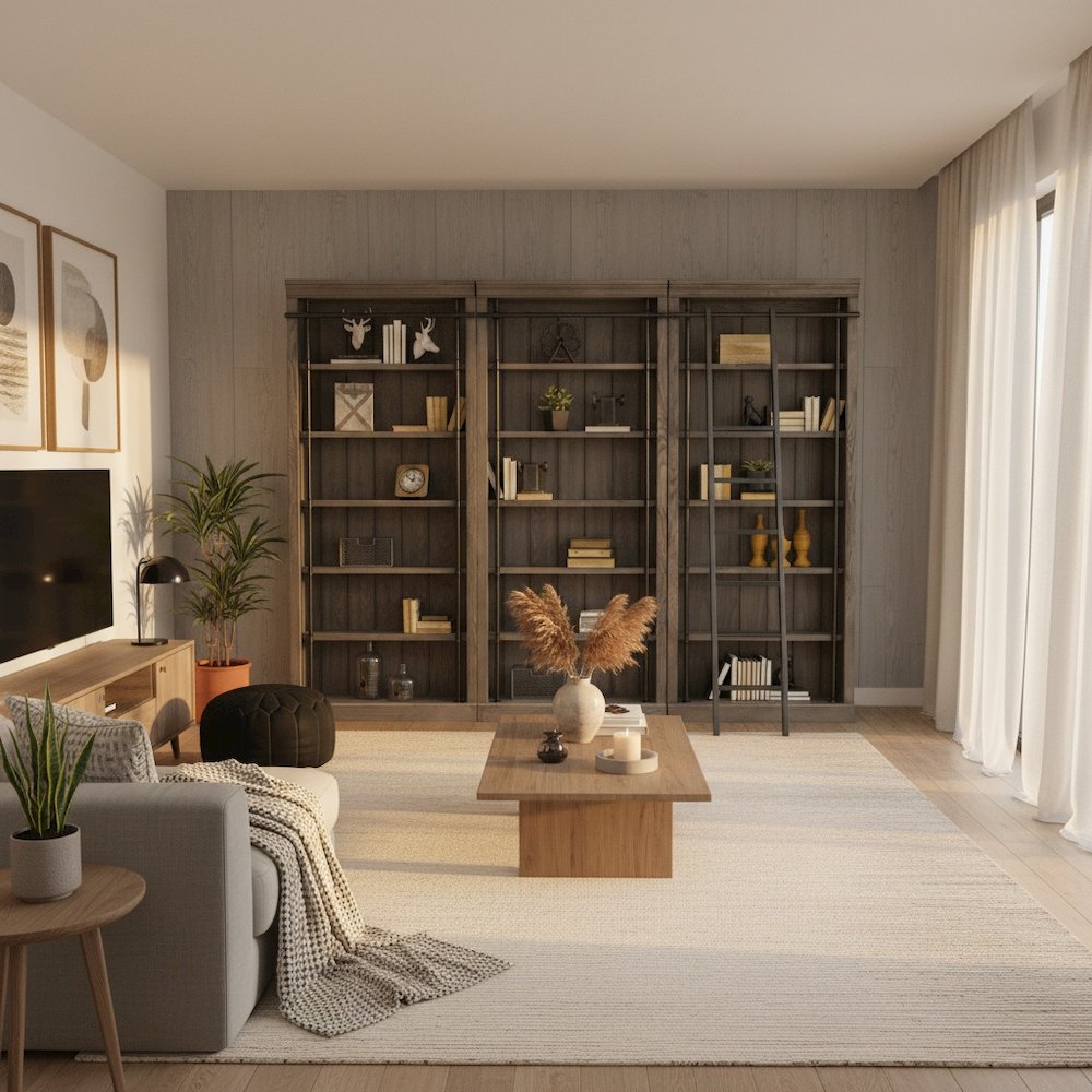 8-Foot Tall Bookcase Wall & Ladder, 5 Adjustable Shelves, Gray