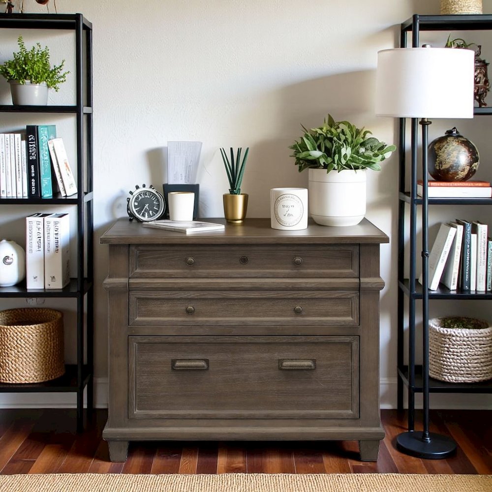 Gray Wood File Cabinet with Lock, Lateral 3 Drawer Storage Unit