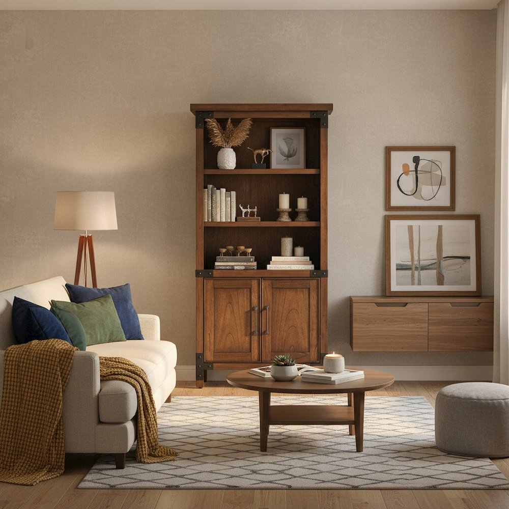 Rustic Bookcase With Doors, 3 Adjustable Shelves, Fixed Shelf, Brown