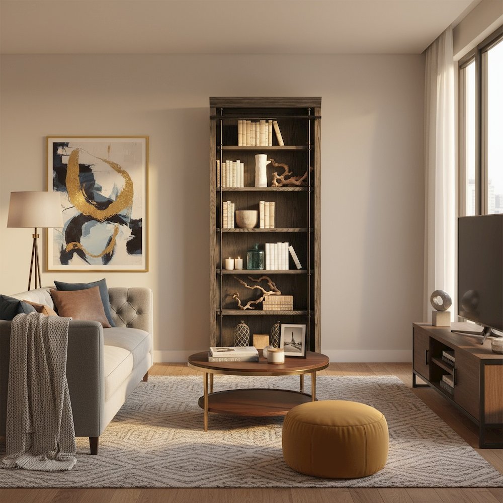 8-Foot Tall Wood Bookcase, 5 Adjustable Shelves, Ringed Steel Frame, Gray Wood
