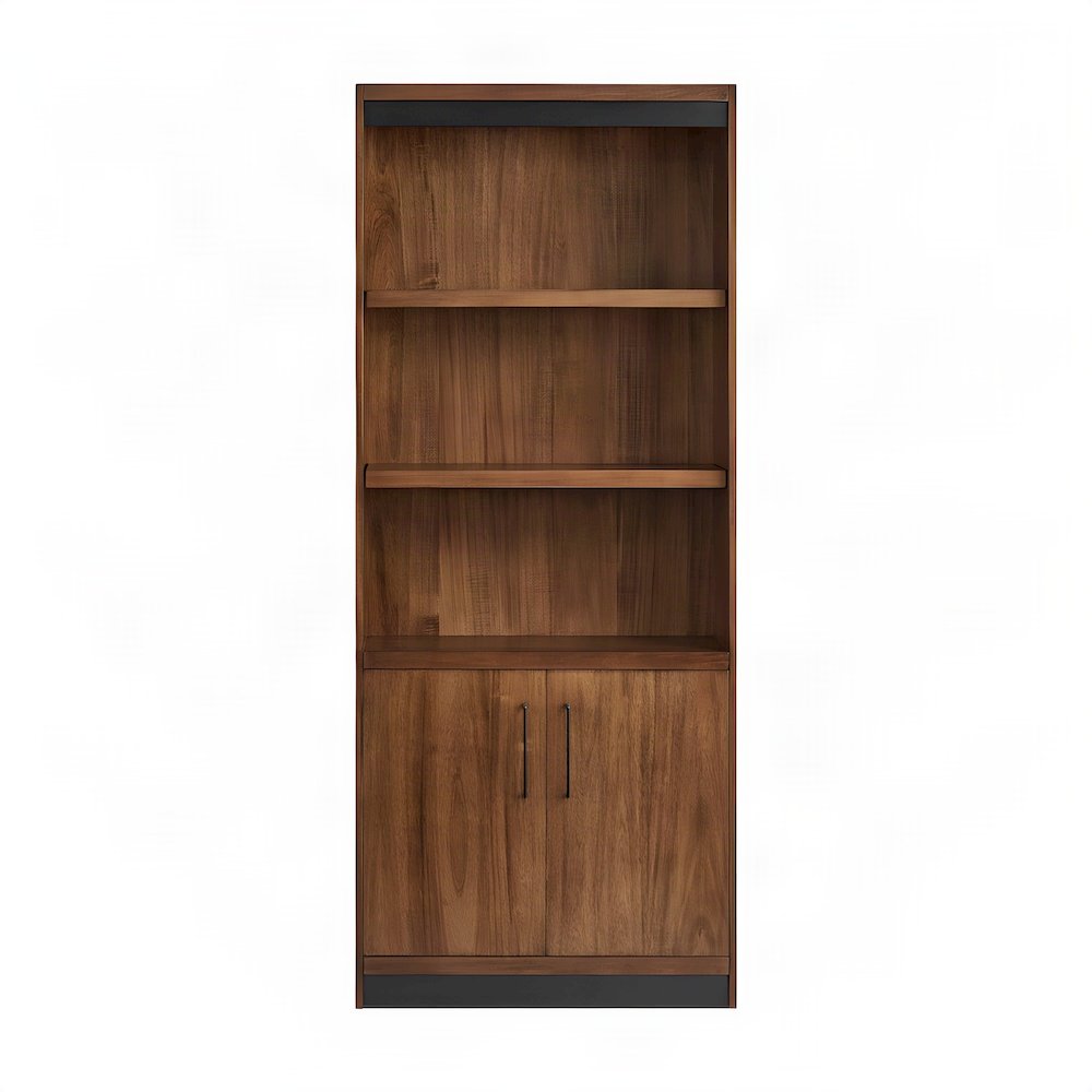 Tall Wood Bookcase with Cabinet Doors and Open Book Shelves, Rich Modern Brown
