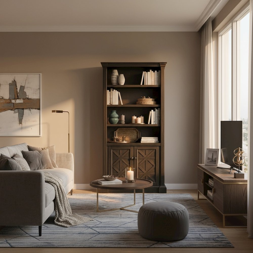 Wood Bookcase With Doors, Fully Assembled, 3 Adjustable Shelves, Brown Finish
