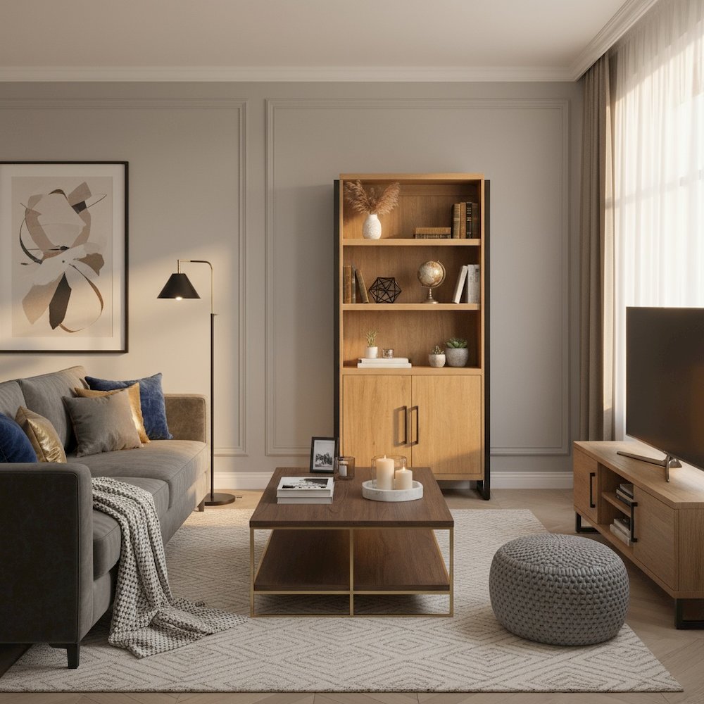 Wood Laminate Bookcase with Doors, 3 Adjustable Shelves, Fixed Shelf