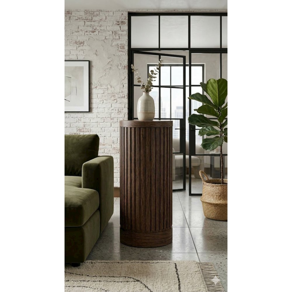 Modern round pedestal table, side table, cocktail stand, fully assembled, brown