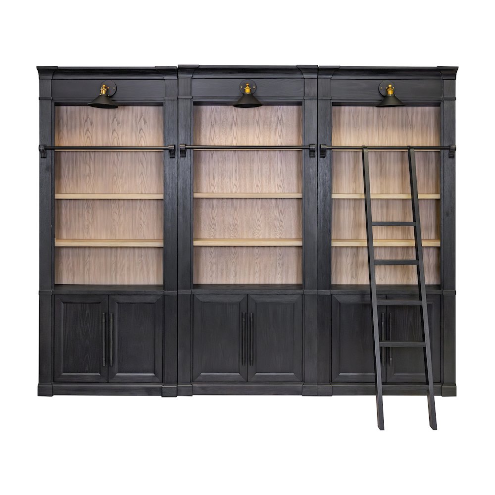 Three 8' Tall Bookcase Wall With Ladder, Storage Organizer, Display Shelf, Black