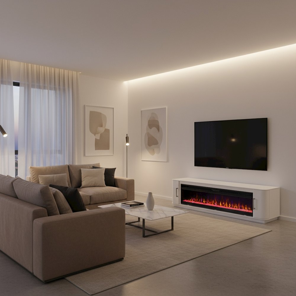 96-Inch Electric Fireplace Console, Infrared Heat, LED Flames, White