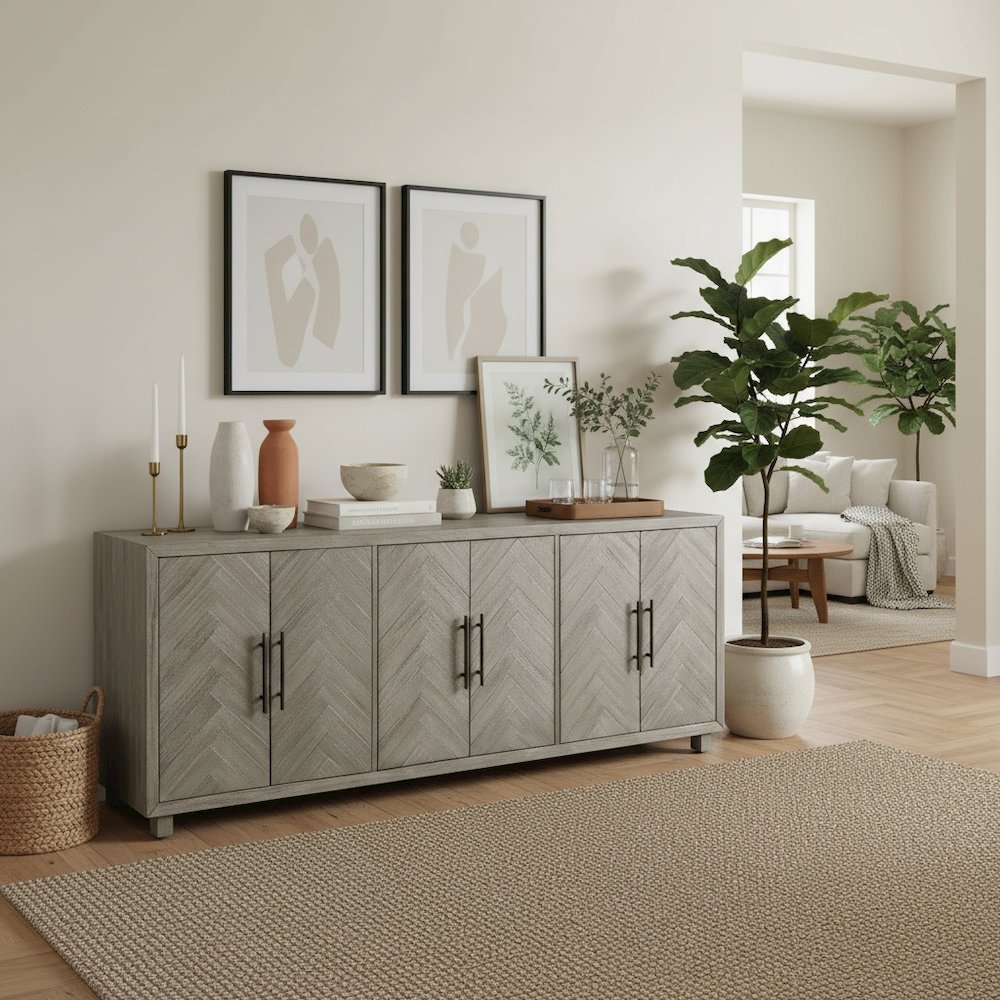 90 Inch Six Door Console, Distressed Gray, Herringbone, 3 Shelves