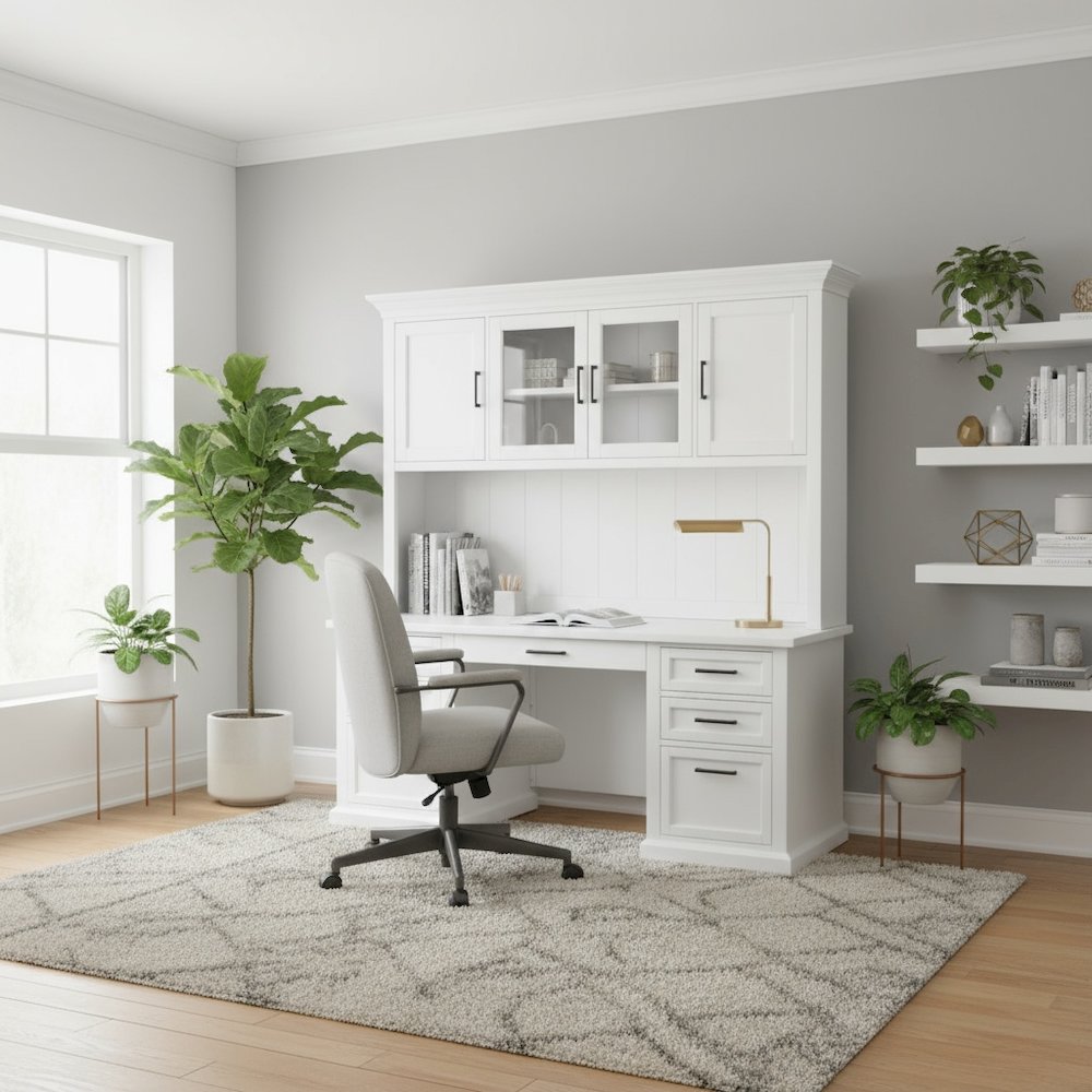 Storage Hutch, Glass & Wood Doors, Adjustable Shelves, White