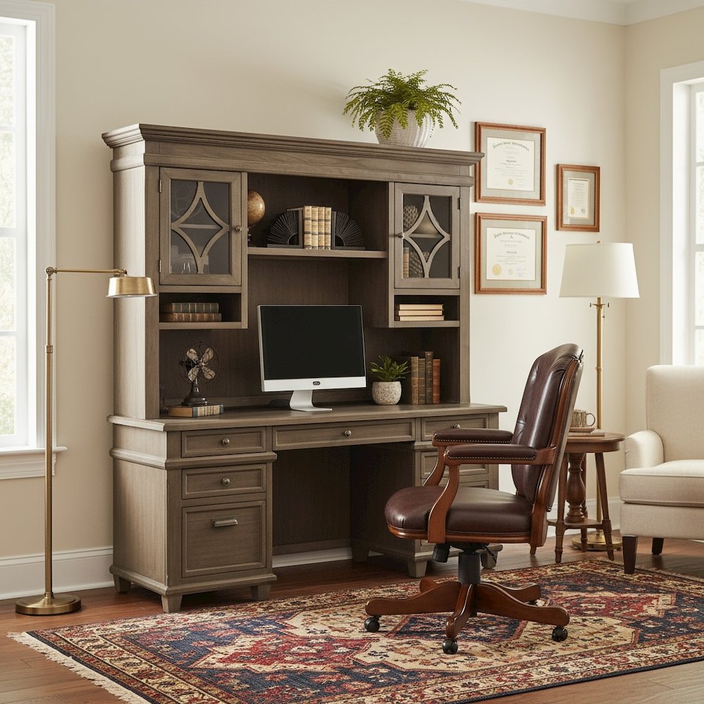 Wood Hutch with Glass Doors, 3 Adjustable Shelves, 2 Open Compartments, Gray