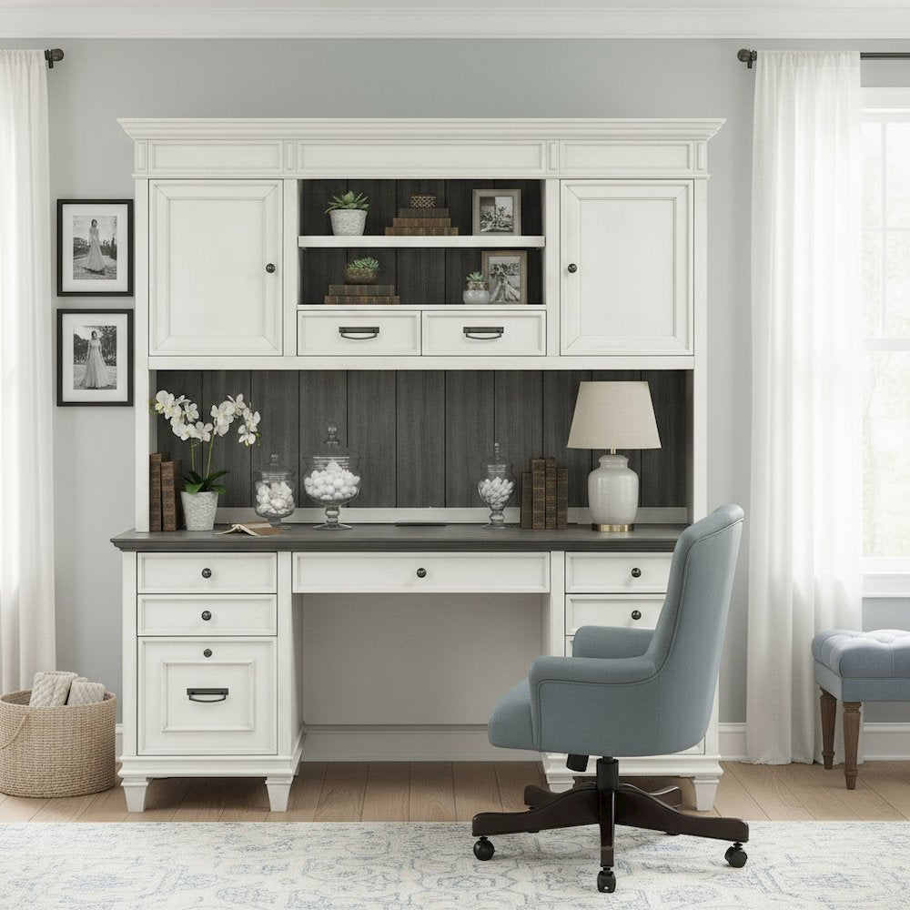 Wood Hutch with Wire Mesh Doors, 2 Utility Drawers, 1 Shelf, White Finish