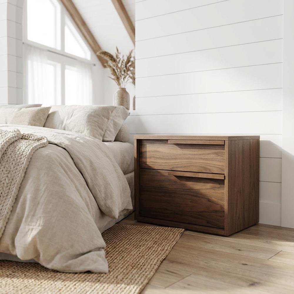 Modern Walnut Nightstand with Bottom Drawer and Storage Space