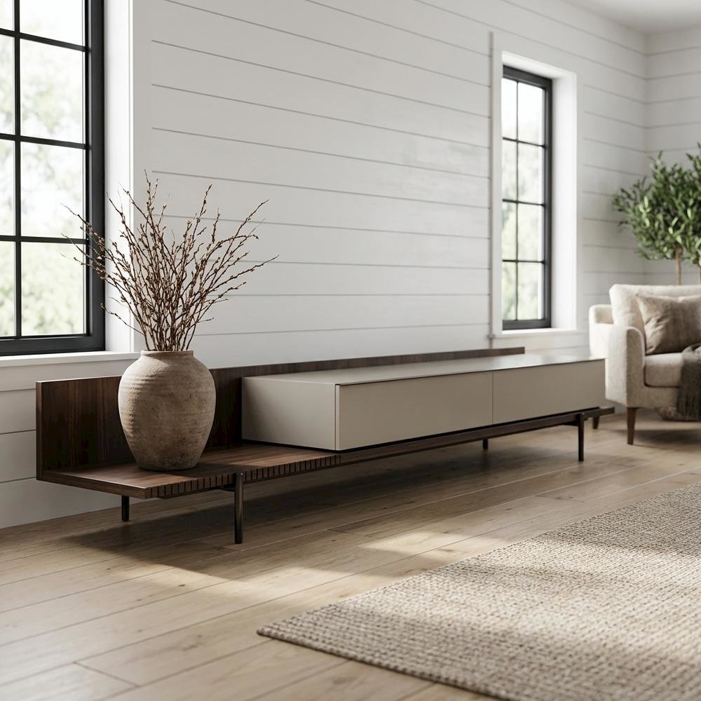 Modern Beige Walnut TV Stand with Engineered Wood Construction