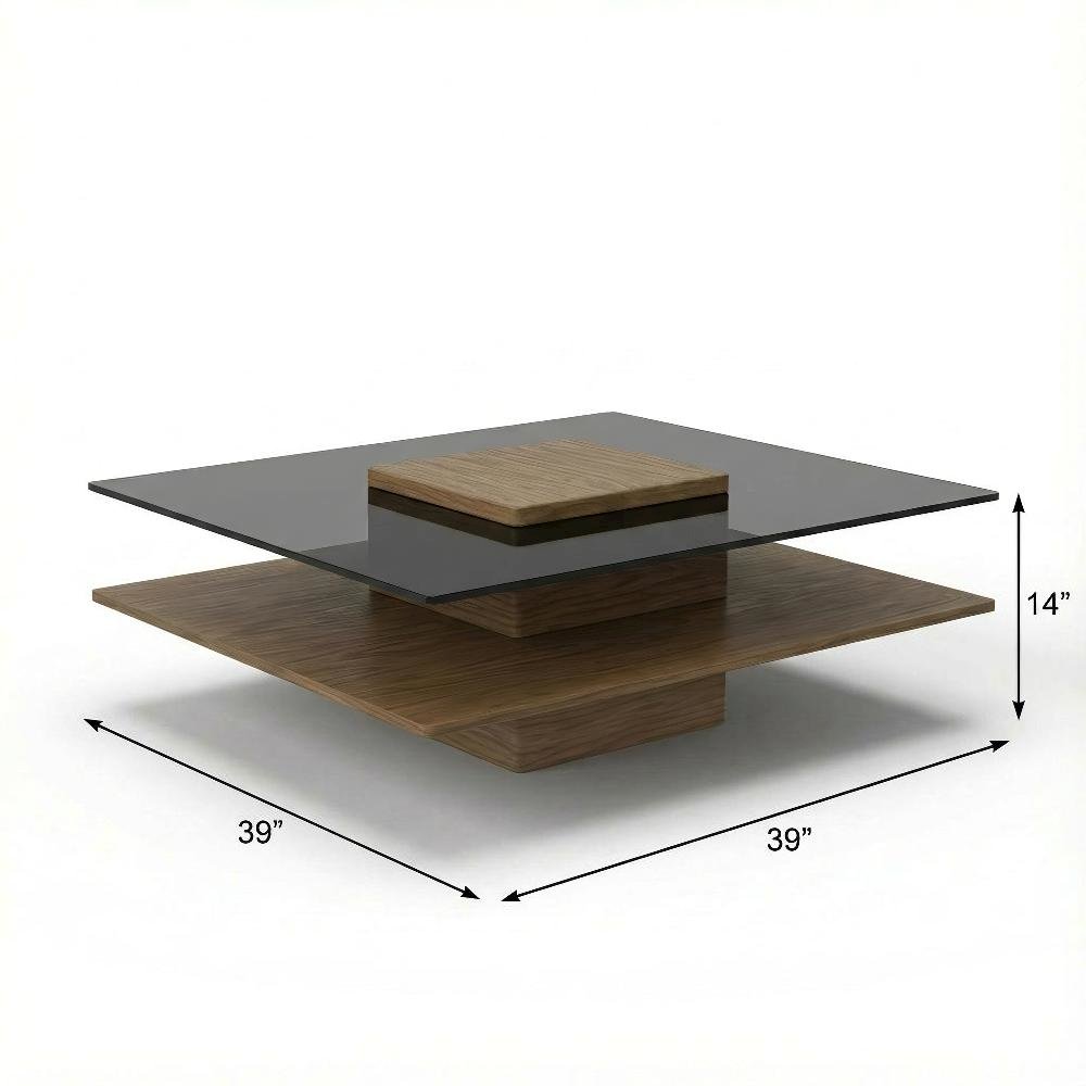 Veneer Walnut Square Coffee Table with Glass Top and Manufactured Wood Base