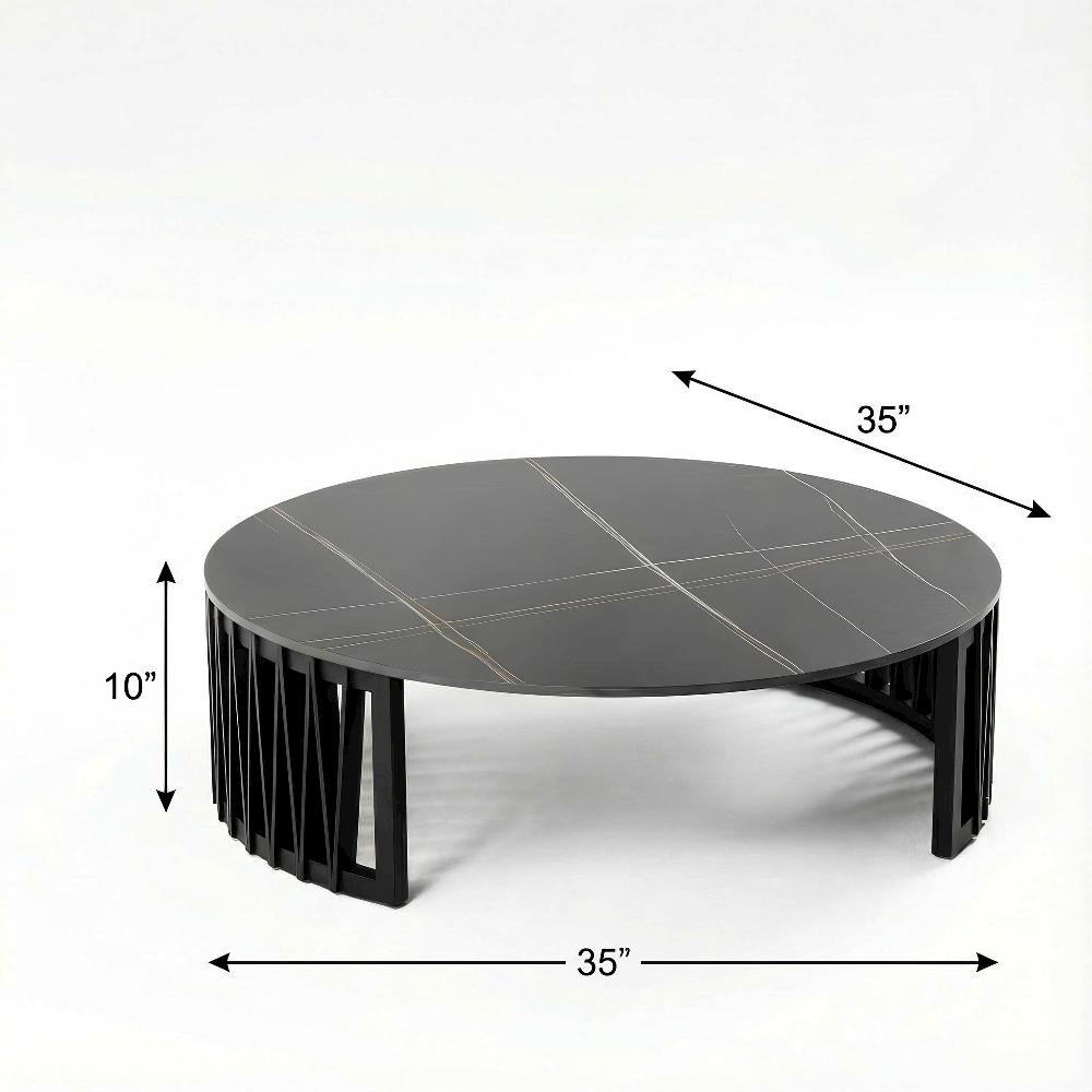 Black Round Coffee Table with Ceramic Top and Solid Wood Base for Living Room