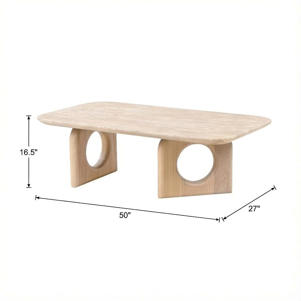 Beige Faux Marble Coffee Table with Solid Wood Base and Modern Design