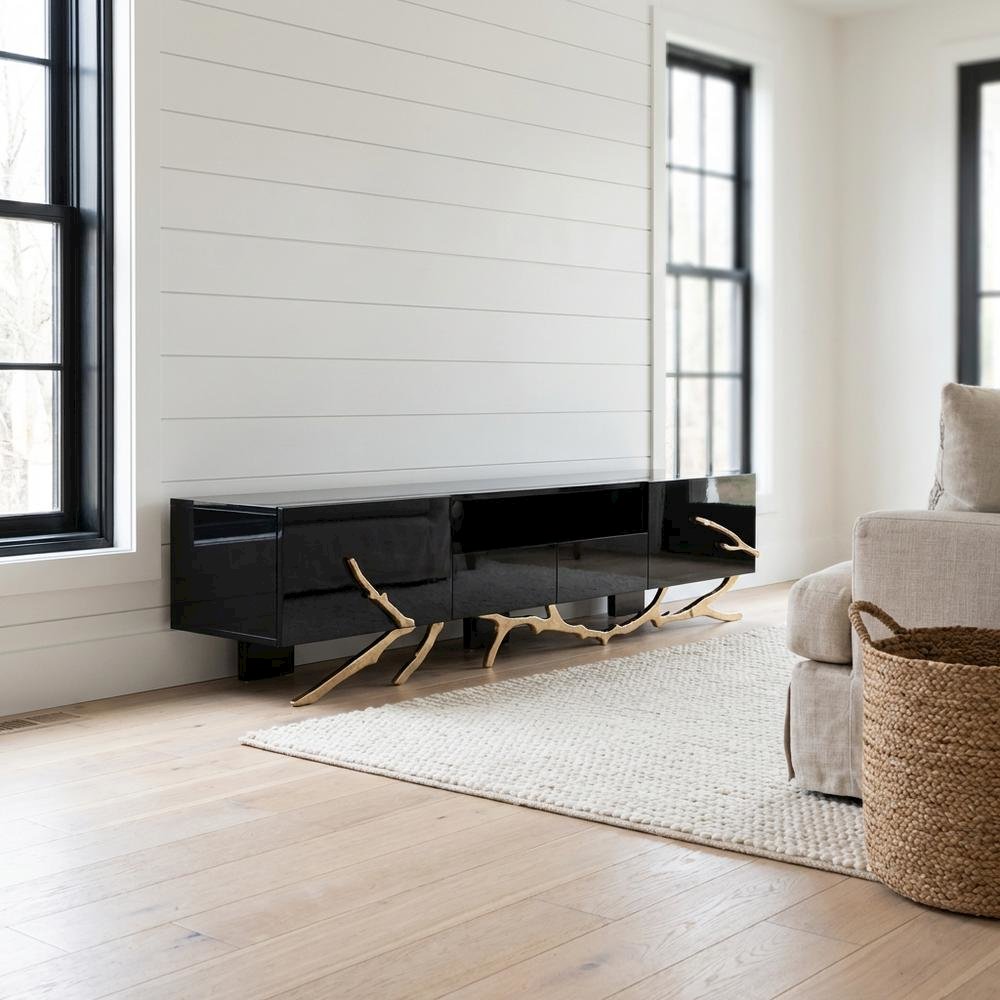 Black Modern TV Stand with Engineered Wood Frame and Gold Accents