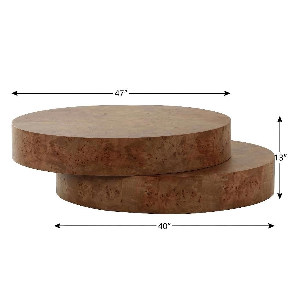 Veneer Round Coffee Table with Faux Burl Finish Solid Wood Frame