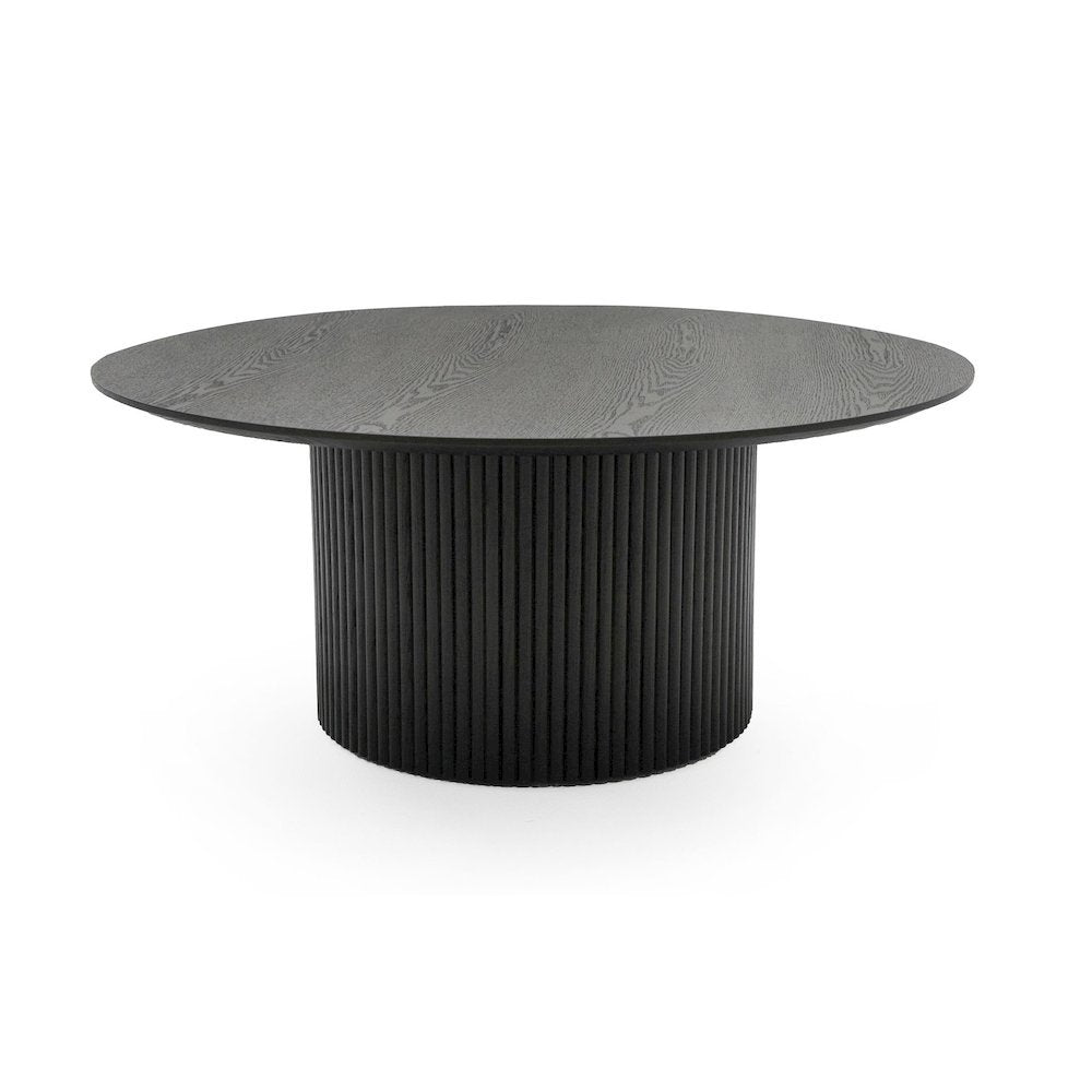 Black Round Coffee Table With Veneer Pedestal Base, Low Modern Accent Table