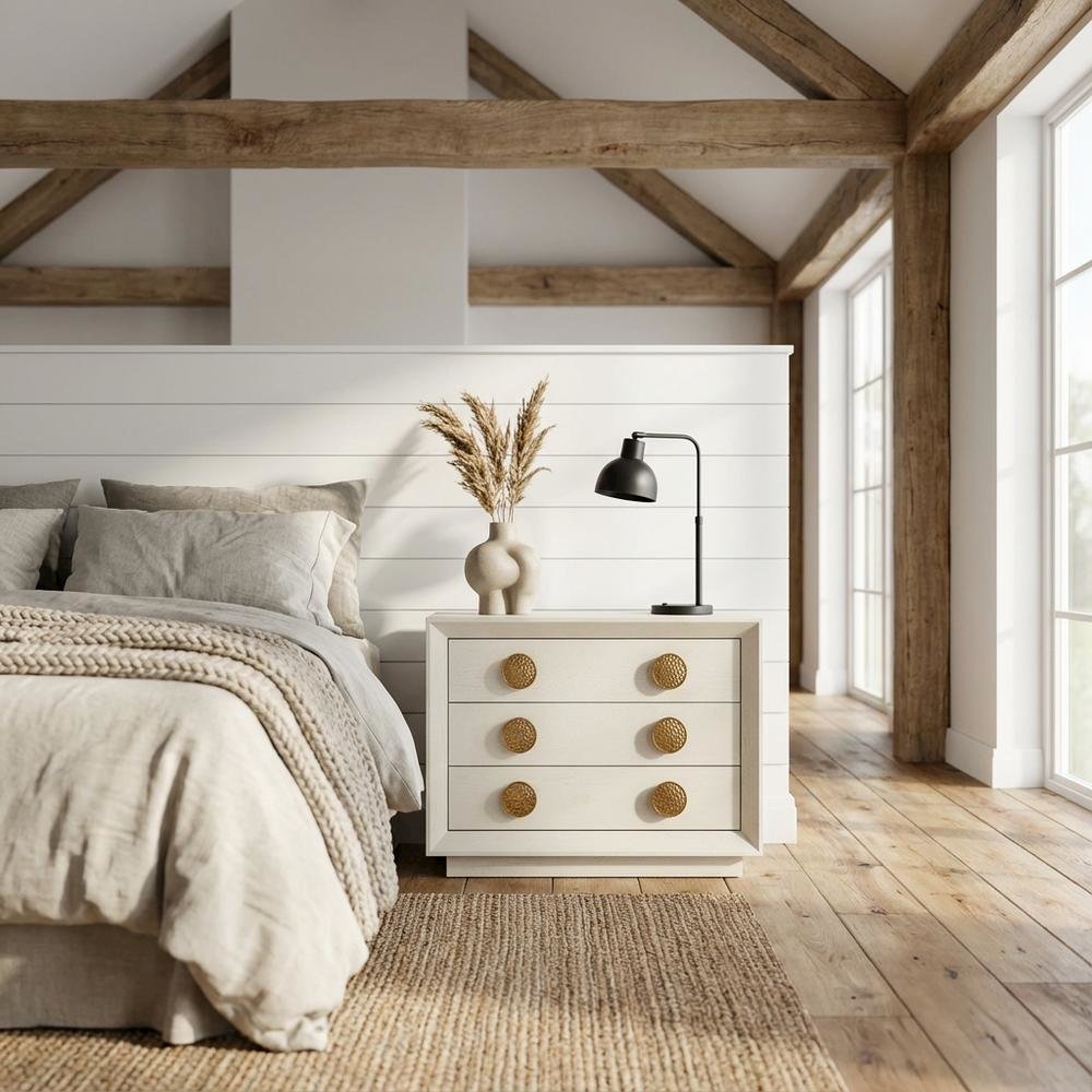 Cream Nightstand with Modern Design, Brushed Gold Accents, and Sleek Style