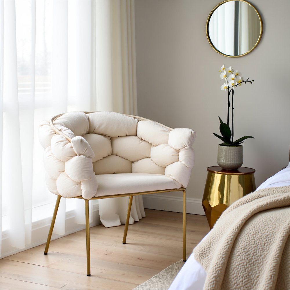 Off-White Modern Upholstered Dining Chair, Cozy Chair With Brass Metal Frame