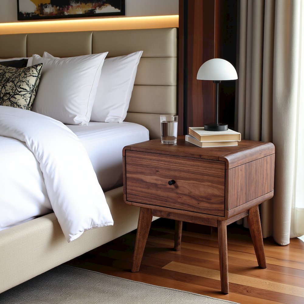 Mid Century Modern Nightstand, Walnut Wood Bedside Table With Drawer