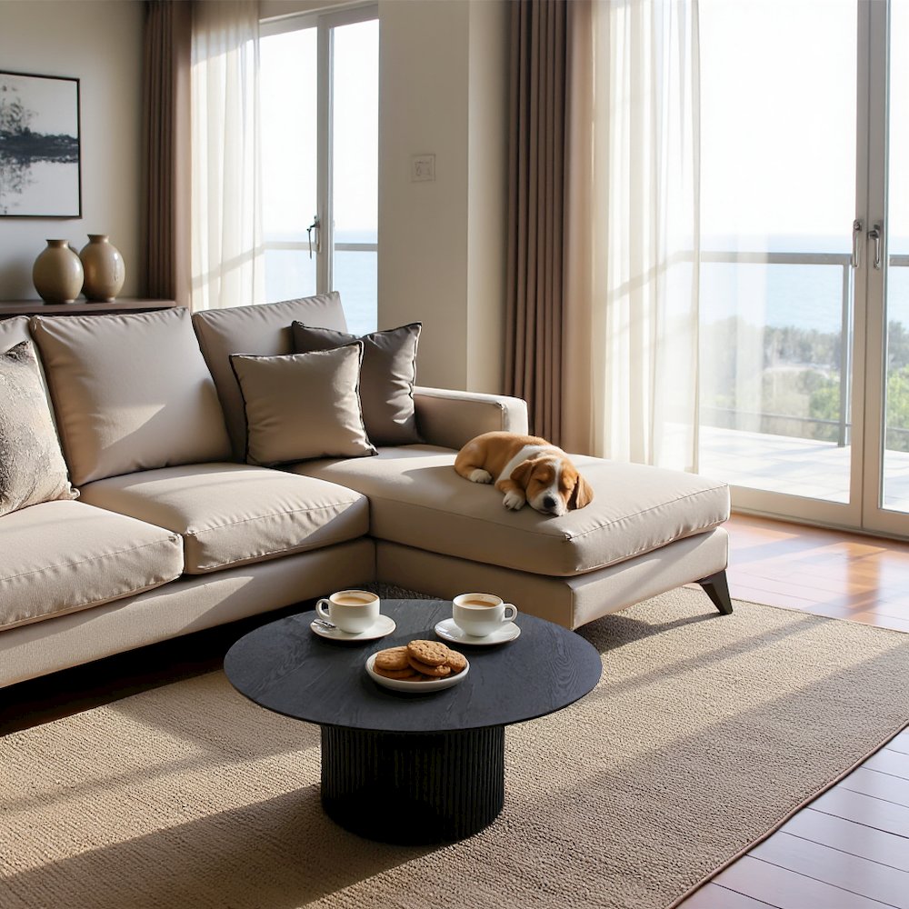 Black Round Coffee Table With Veneer Pedestal Base, Low Modern Accent Table