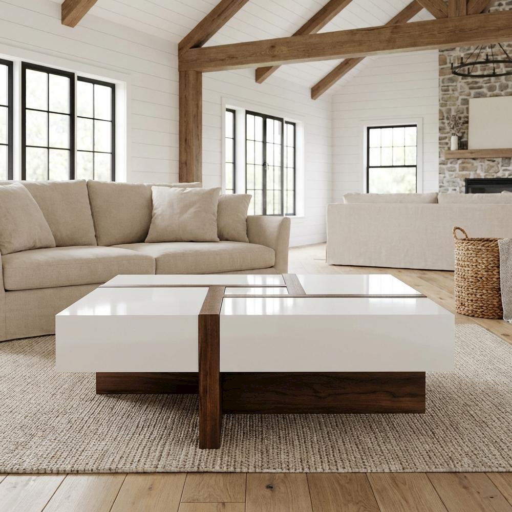 White Square Coffee Table with Walnut Veneer and MDF Construction, Single Piece