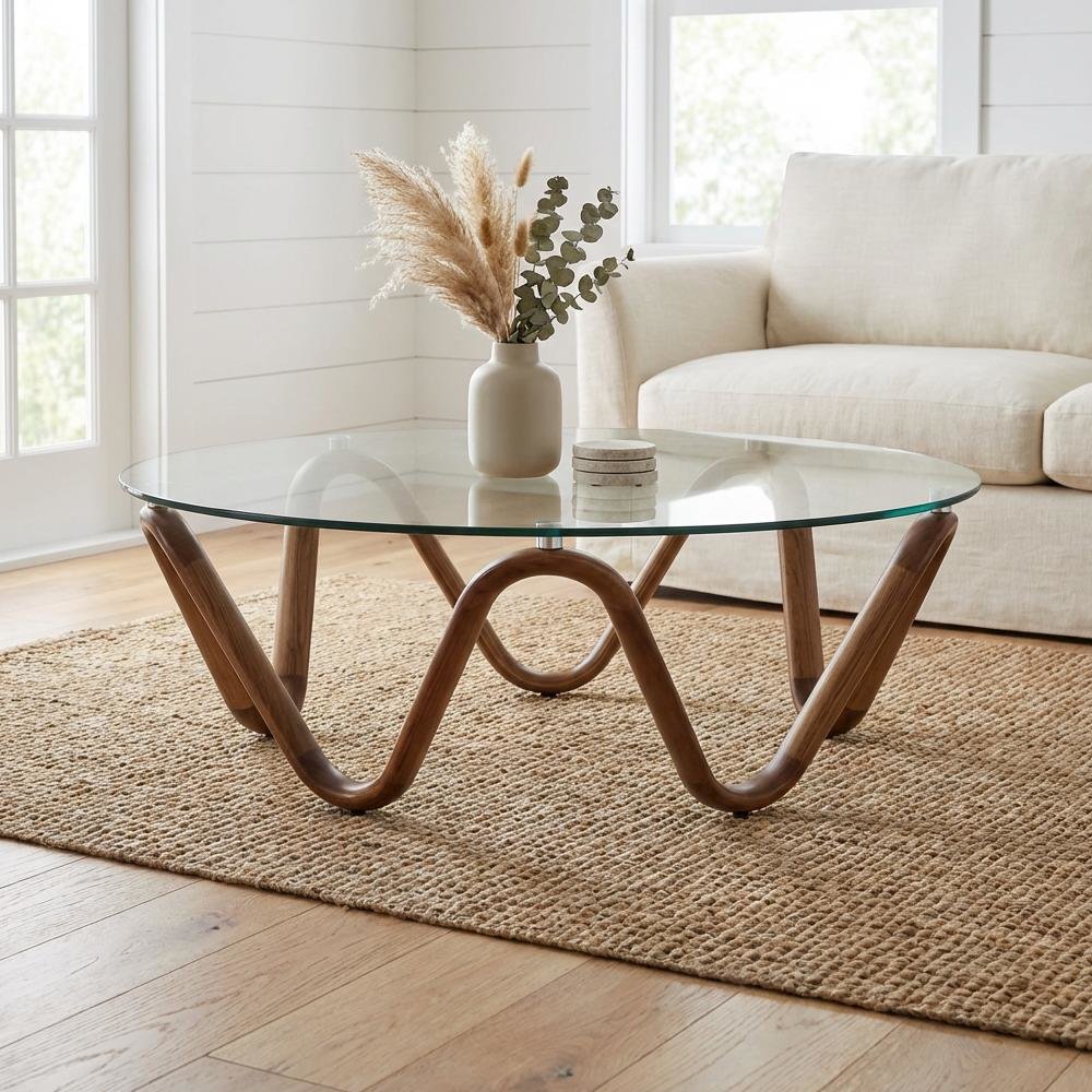 Brown Glass and Walnut Coffee Table with Wood Veneer Surface and Sturdy Frame
