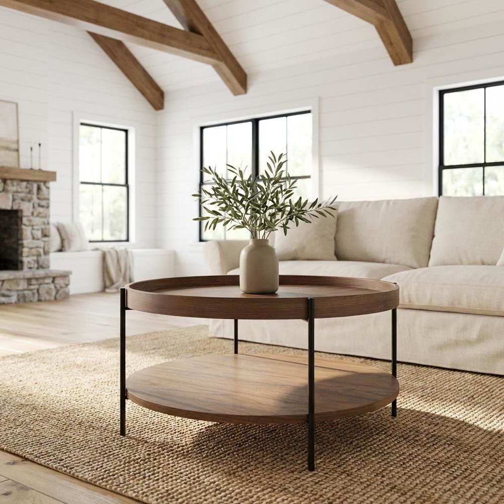 Brown Manufactured Wood Coffee Table with Iron Frame Sturdy Modern Design