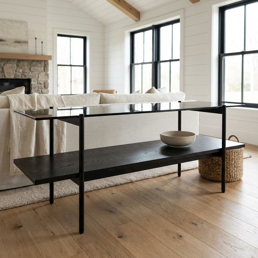 Black Glass Coffee Table with Iron Frame and Veneer Top for Living Room