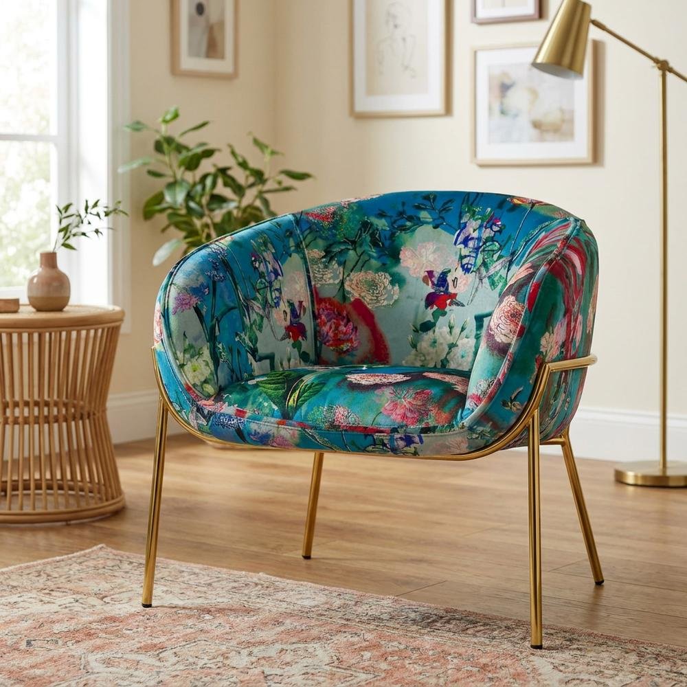 Velvet and Gold Accent Chair with Contemporary Floral Design for Lounge Area