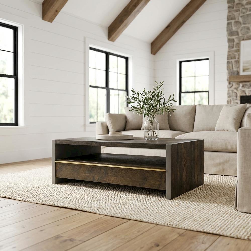 Brown Solid Wood and Concrete Coffee Table with Walnut Finish and Modern Design