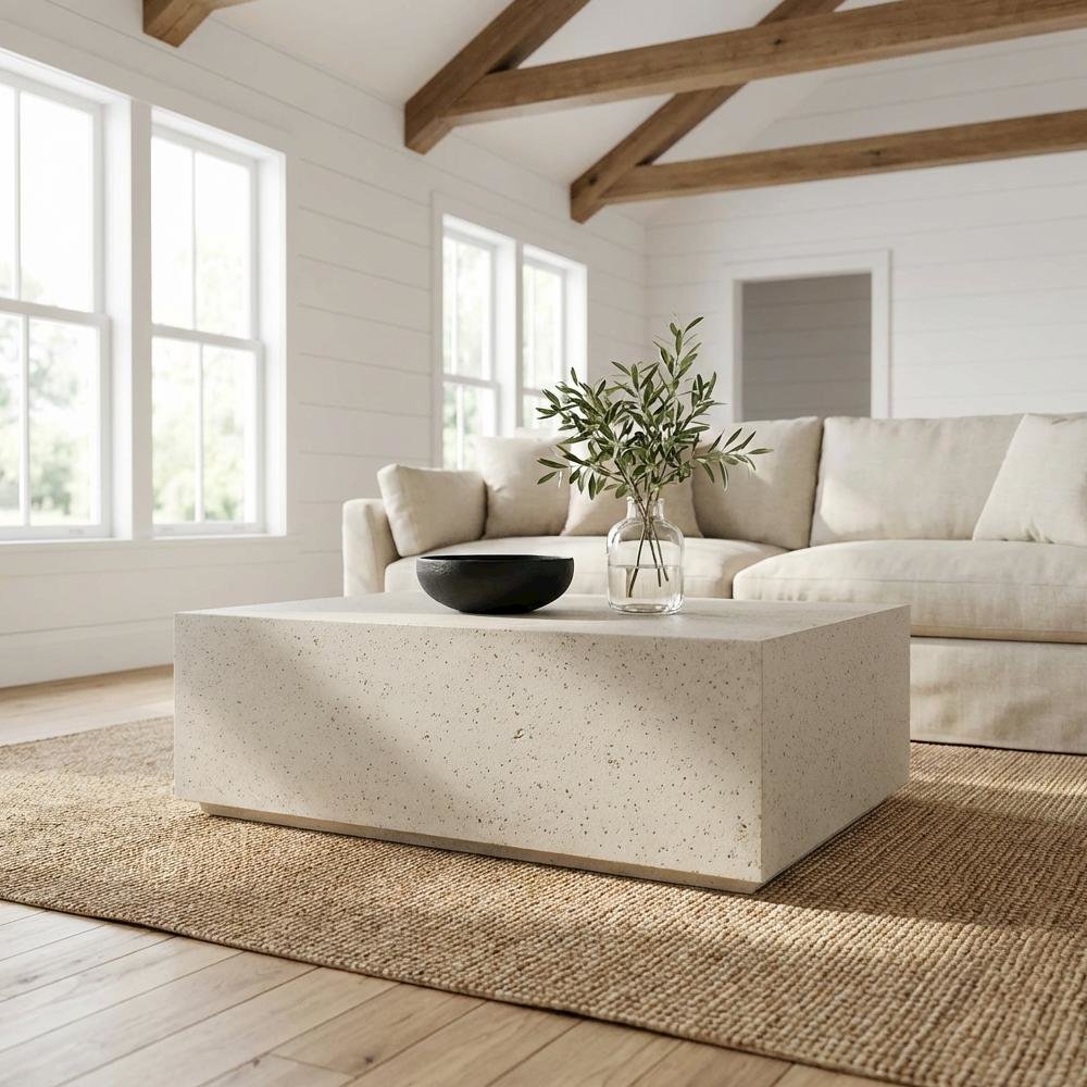 Beige Concrete Coffee Table with Terrazzo Finish and Modern Design Accent
