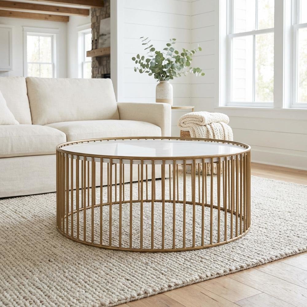 White Round Faux Marble Coffee Table with Metal Base and Modern Design